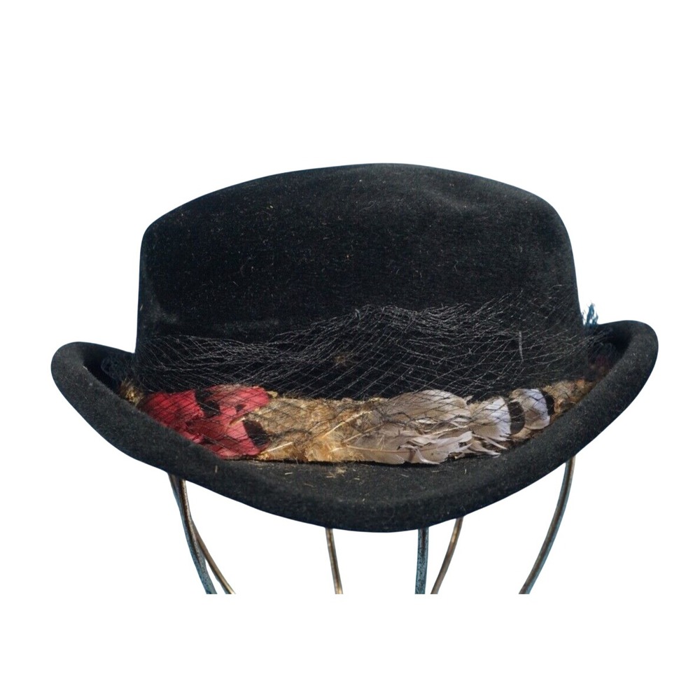VTG Miss Margo BLACK VELVET Derby Vagabond Hat FEATHER TULLE BOW Rolled Sides